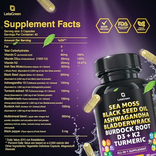 LetaGreen Irish Sea Moss Capsules – 120 Wildcrafted Sea Moss Pills with Black Seed Oil LetaGreen Au supplements