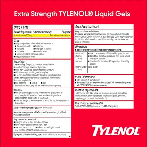 Tylenol Extra Strength Liquid Gels, Fast, Strong Pain Relief, Fever Reducer for Adults with 500 mg Acetaminophen, Fast-Acting Liquid Gel Capsules for Headaches & Minor Pain Relief, 40 Count Tylenol Au supplements