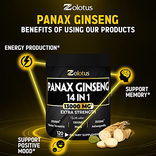 Premium Panax Ginseng 14 in 1, 13X Potency, High Strength Capsules with Horny Goat Weed Zolotus Au supplements