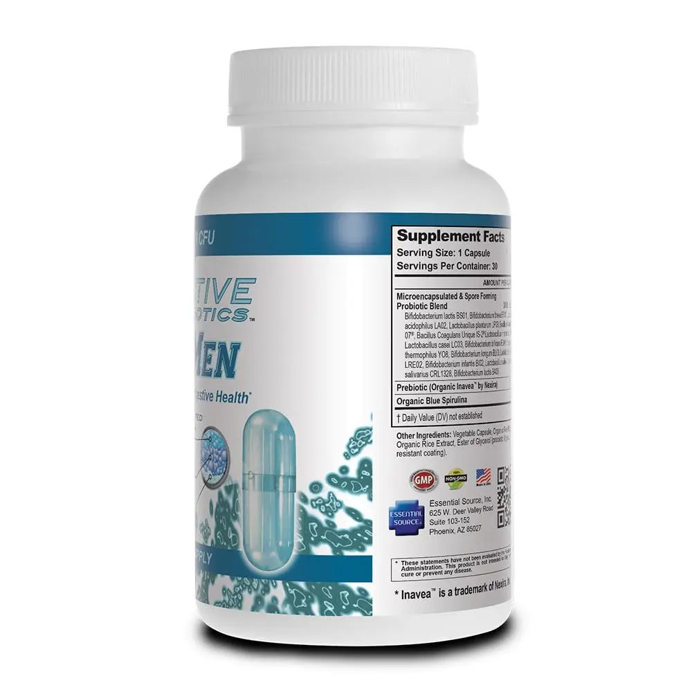 Essential Source TriActive Biotics for Men - Probiotic Capsules, 30 Billion CFU with Prebiotics & Blue Spirulina, Shelf Stable, Allergen Free, Digestive & Immune Support, 30 Count Essential Source Au supplements
