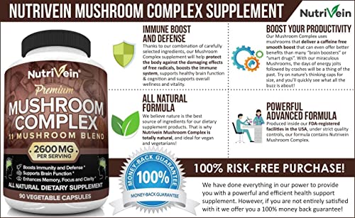 Nutrivein Mushroom Supplement - 2600mg - 90 Capsules - 11 Organic Mushrooms Nutrivein Au supplements