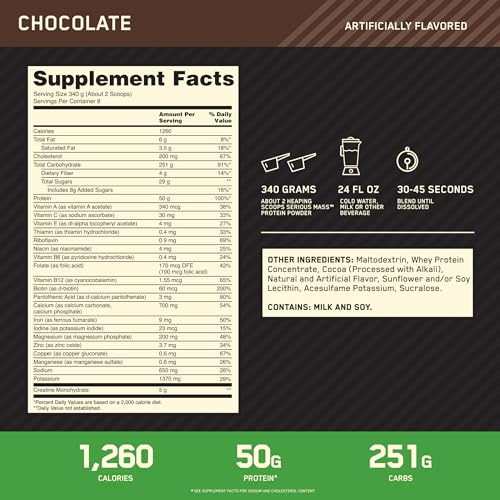 Optimum Nutrition Serious Mass, Weight Gainer Protein Powder, Chocolate, 6 Pound Optimum Nutrition Au supplements