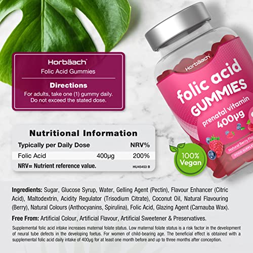 Folic Acid Gummies 400 mcg | 90 Count | Natural Berry Flavour | High Strength Prenatal Horbäach Au supplements