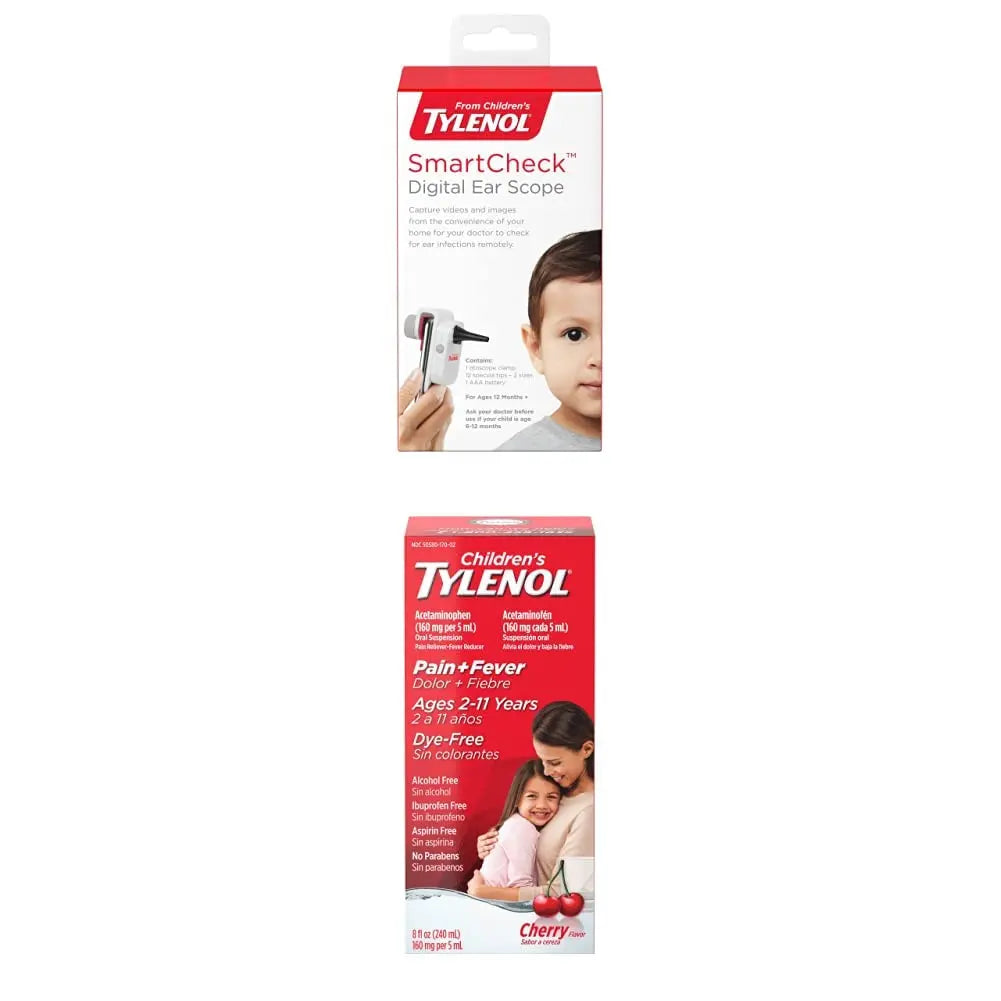 SmartCheck Digital Ear Scope from Children's Tylenol, Otoscope with Light, 1 Otoscope Clamp, 12 Specula Tips + Children's Tylenol Pain + Fever Medicine with Acetaminophen, 8 fl. oz Tylenol Au supplements