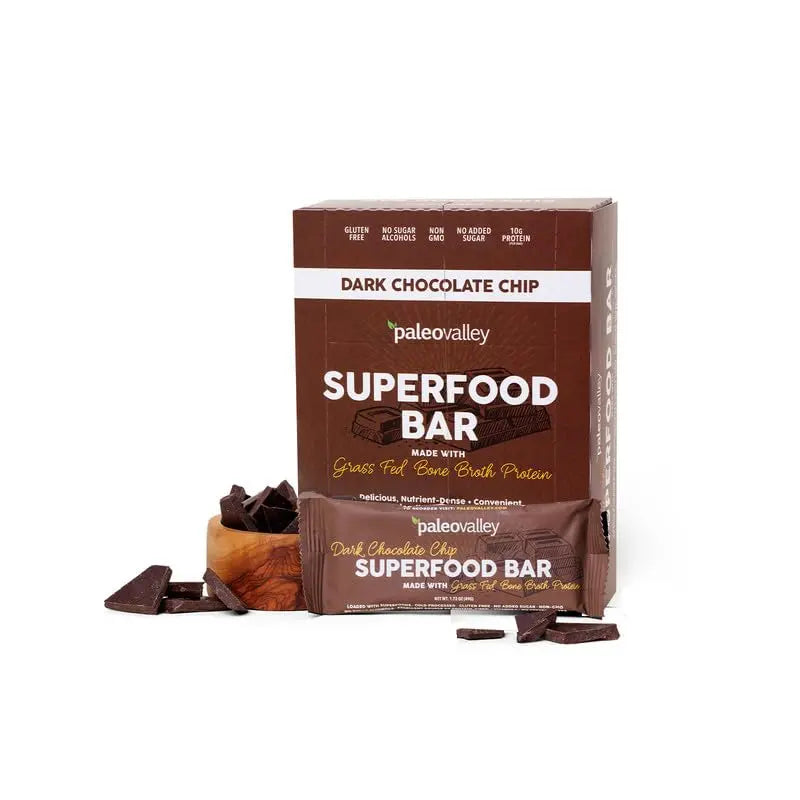 Paleovalley Superfood Bars – Dark Chocolate Chip– 10 Pack – 9g Protein per Bar – Gluten-Free, Grain-Free, Paleo, Non-GMO – On-the-Go Snack Paleovalley Au supplements