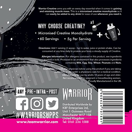 Warrior Creatine Monohydrate Powder – 300g – Micronised for Easy Mixing and Consumpti Warrior Au supplements