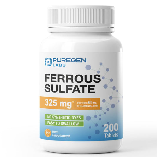 Puregen Labs Ferrous Sulfate 325 mg (65 mg Elemental Iron) High Potency Iron Supplement | No Artificial Color Additives - 200 Tablets P Puregen LabsUS supplements