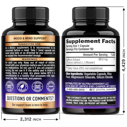 Natural Saffron Supplements - Pure Saffron Extract 88.5 mg - Made in USA - Mood | Focus | Vision | Energy Support - Eye Health for Women & Men - NonGMO Vegan Pills - 90 Powder Capsules, 3 Month Supply NUTRAHARMONY Au supplements