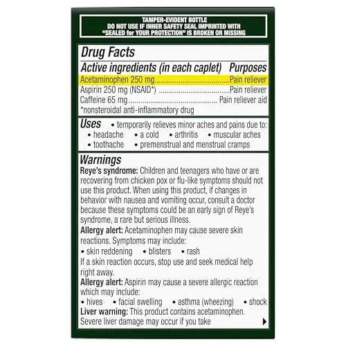 Excedrin Extra Strength Caplets for Headache Pain Relief, Acetaminophen 250mg, Aspirin 250mg, Caffeine 65mg, Pain Reliever, 24 count Excedrin Au supplements