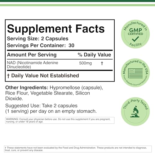 Double Wood Supplements NAD+ Anti Aging & Cell Regeneration | 500mg of 95% Pure NAD Plus Per Serving, 30 Day Supply | Similar to Nicotinamide Riboside | Third Party Tested, Vegan Safe, Non-GMO Double Wood Supplements Au supplements