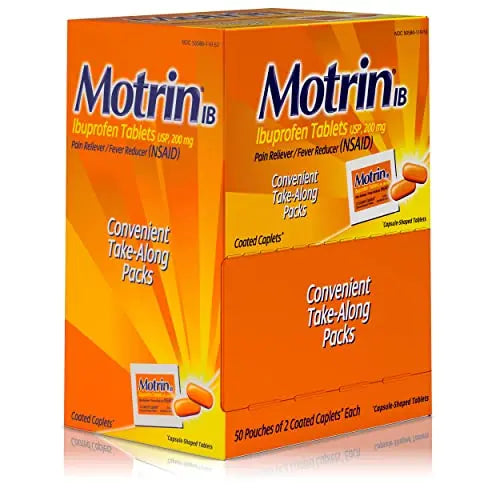 Motrin IB, Ibuprofen 200mg Tablets, NSAID Pain & Fever Reliever for Headache, Backache, Muscular Aches, Arthritis Pain Reliever, 50 Travel Packets of 2, 100 ct Motrin Au supplements