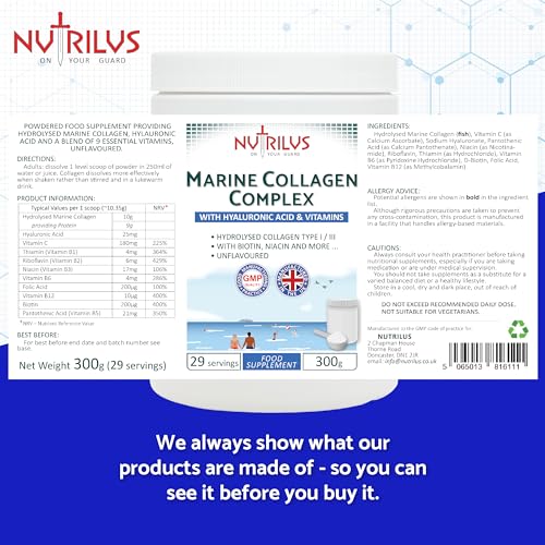 Hydrolysed Marine Collagen Powder 300g with Hyaluronic Acid and Vitamins - 29 Servings Nutrilus Au supplements