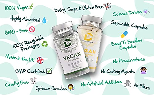Vegan Collagen Supplement - 1400mg, Spirulina, L-Lysine, L-Proline, Acerola Cherries , Vitamin C & B12, Zinc, Hyaluronic Acid, UK Made D Direct Vitality Au supplements