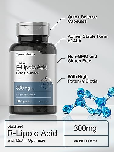 Stabilized R-Lipoic Acid 300mg | 60 Capsules | with Biotin Optimizer | Non-GMO, Gluten Horbäach Au supplements