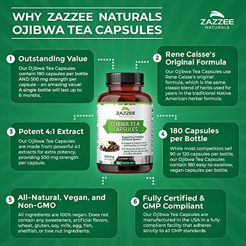 Zazzee Extra Strength Ojibwa Tea 500 mg, 180 Vegan Capsules, Rene Caisse's Original Zazzee Au supplements