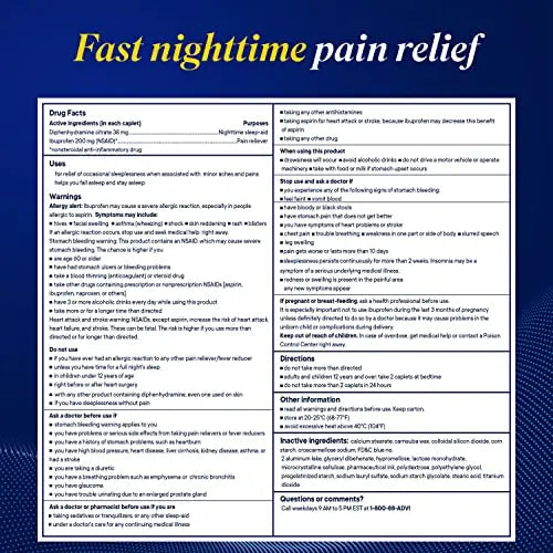 Advil PM Pain Reliever and Nighttime Sleep Aid, Pain Medicine with Ibuprofen for Pain Relief and Diphenhydramine Citrate for A Sleep Aid - 120 Coated Caplets (Pack of 2) Advil Au supplements