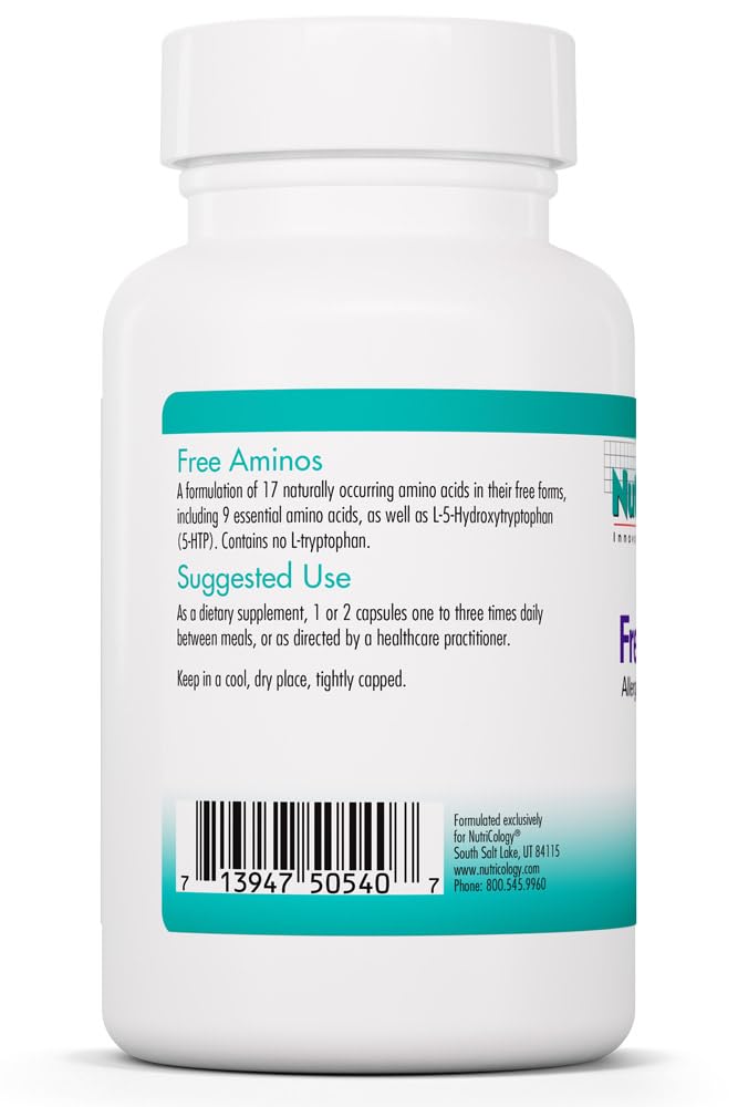 Nutricology Free Aminos Supplement - Essential Amino Acids Complex, Lean Muscle Mass Support, Vegetarian Capsules - 100 Count Allergy Research Group Au supplements