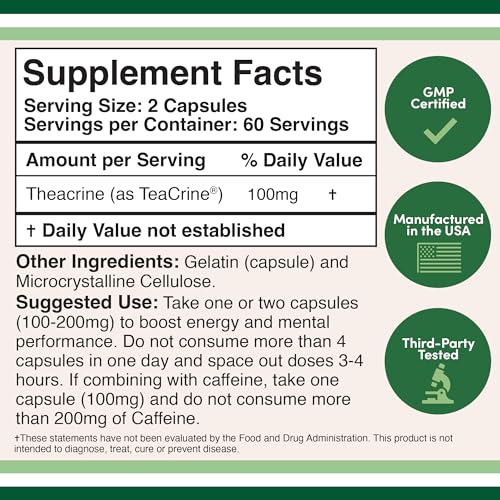 Theacrine (Teacrine) 100 Mg, 60 Capsules - Energy and Focus Supplement (Similar to Caffe Double Wood Supplements Au supplements