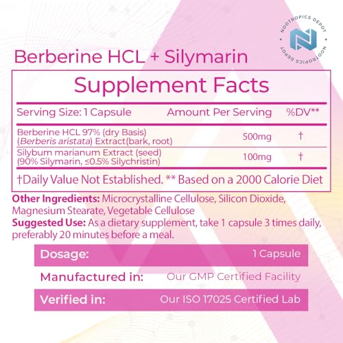 Nootropics Depot Berberine HCL + Silymarin Capsules | 500mg + 90mg | 180 Count Nootropics Depot Au supplements