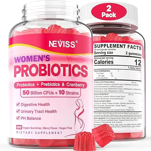 Probiotics for Women Gummies, Sugar Free Vaginal Probiotics 50 Billion CFU 10 Strains w/ Cranberry NEVISSAU supplements