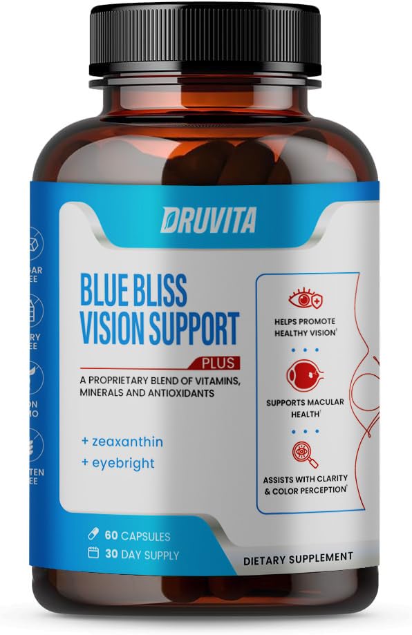 Blue Bliss Vision Support - Eye Vitamins with Lutein, Biotin, Bilberry and Zeaxanthin - Vitamin Supplement for Vision Health and Preservation for Adults Seniors 60 Veggie Capsules 30 Day Supply Druvita Au supplements