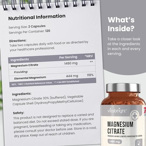 Magnesium Citrate - 1480mg High Strength - 240 Capsules (4 Month Supply) - Vegan VitaBright Au supplements