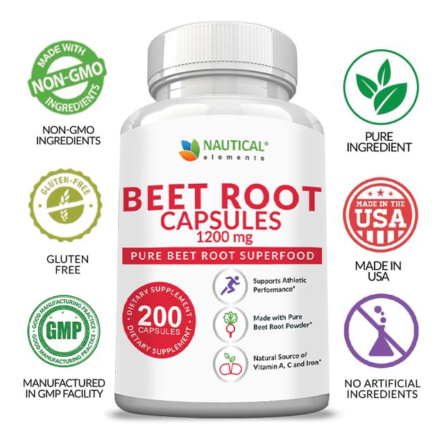 Beet Root Capsules - 1200mg Per Serving - 200 Beet Root Powder Capsules - Beetroot Nautical Elements Au supplements