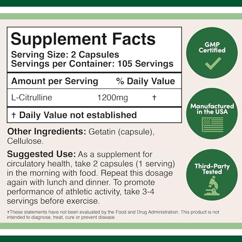 L Citrulline Capsules 1,200mg Per Serving, 210 Count (L-Citrulline Increases Levels Double Wood Supplements Au supplements