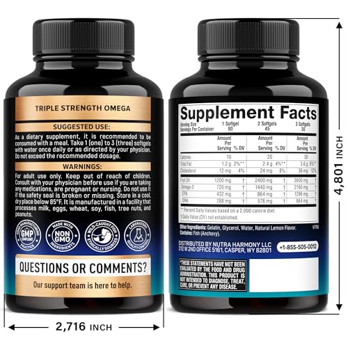 Omega 3 Fish Oil 3600 mg - Omega 3 Supplement | EPA & DHA - Heavy Metals Free - Heart, Brain & Joint Support - Purified Fish Oil for Men & Women - Lemon Flavored - Made in USA, 90 Softgels NUTRAHARMONY Au supplements