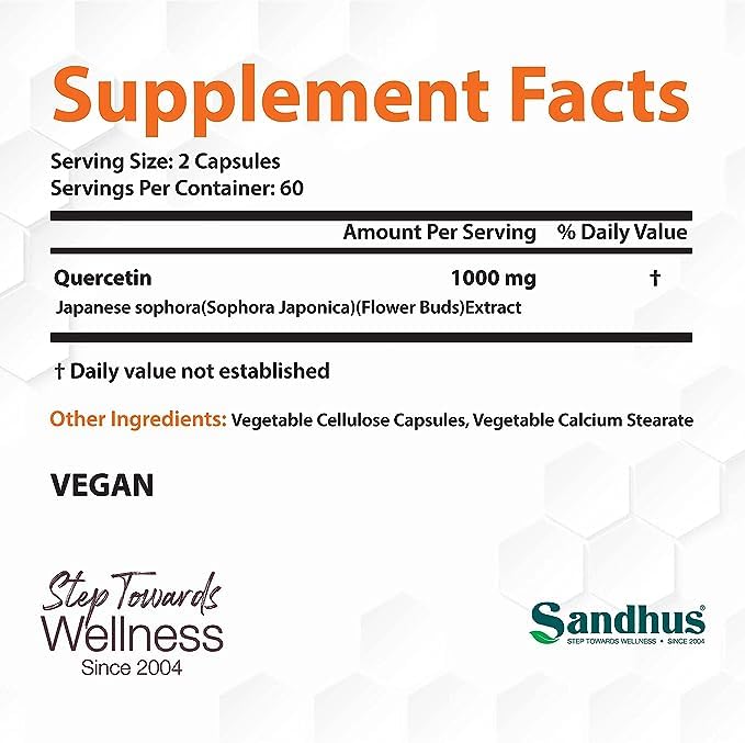 Sandhu's Quercetin 1000mg Per Serving 120 Count(Pack of 2) Vegetarian Capsules Sandhu's Au supplements