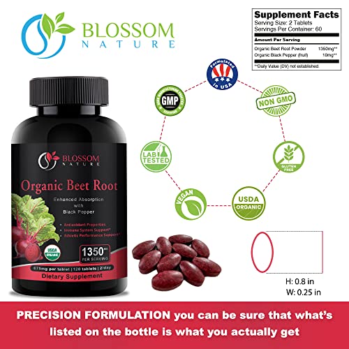 Organic Beet Root Powder 1350mg with Black Pepper-Nitric Oxide Booster, Digestive System Blossom Nature Au supplements