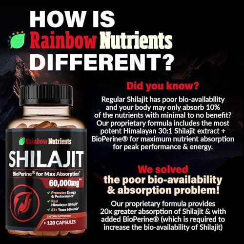 Pure Himalayan Shilajit Capsules Supplement (60,000mg+ Absorption Enhancer+50% Rainbow Nutrients, LLC Au supplements