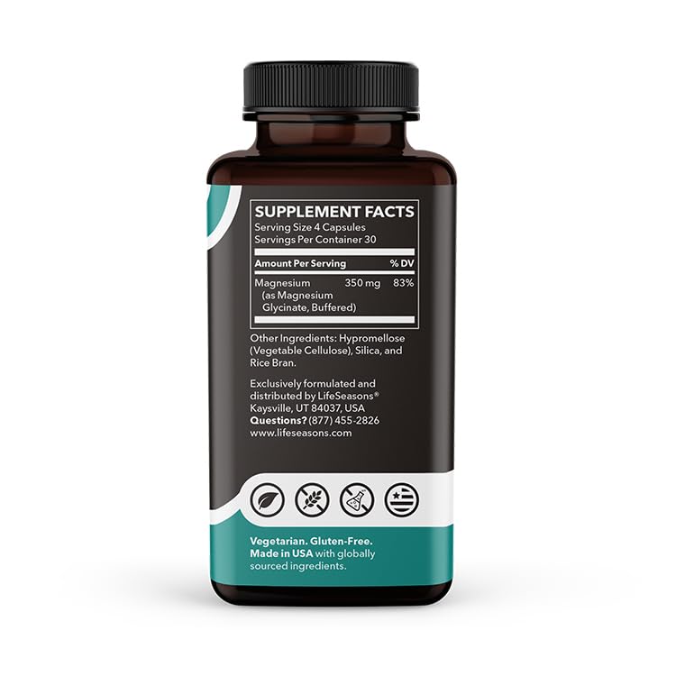 LifeSeasons Magnesium Glycinate 350 mg – Highly Absorbable Magnesium Supplement for Sleep Support, Calm Mood & Muscle Relaxation – Vegan, Gluten‑Free, 120 Vegetarian Capsules LifeSeasons Au supplements
