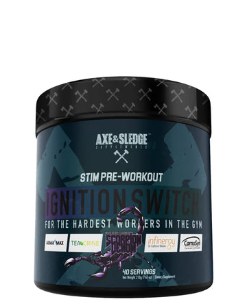 Ignition Switch Pre-Workout with CarnoSyn, TeaCrine, Infinergy, and AgmaMax, Long Lasting Axe & Sledge Au supplements