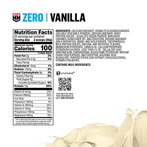 Muscle Milk ZERO, 100 Calorie Protein Powder, Vanilla, 15g Protein, 1.65 Pound, 25 Servings Muscle Milk Au supplements