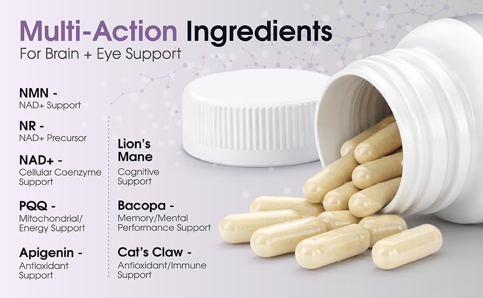 1LifeScience Cognition & Vision Support Supplement – NMN, Lion’s Mane, Cat’s Claw, Apigenin, PQQ & Lutein – NAD+ Support Formula – cGMP Made in USA – 60 Caps 1LifeScience Au supplements