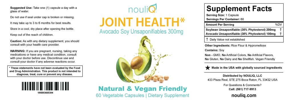 NOULIQ Natural & Vegan-Friendly Joint Health Supplement, Avocado Soy Unsaponifiables 300mg, Non-GMO, Free of Any Gluten, Artificial Colors or Flavors, Dairy and Shellfish, 60 Day Supply. NOULIQ Au supplements