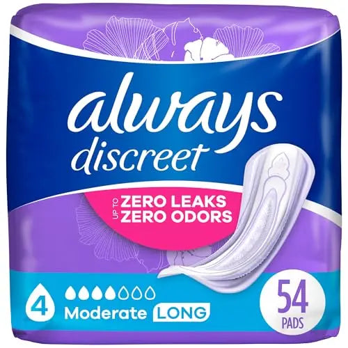 Always Discreet Adult Moderate Long Incontinence Pads, Up to 100% Leak-Free Protection, 54 Count Always DiscreetAU supplements