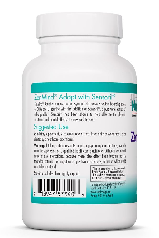 NutriCology ZenMind Adapt - 200 mg L-Theanine, 125 mg Ashwagandha & 550 mg GABA - Supports Stress Response and Calmness - Vegetarian Capsules - Hypoallergenic Formula - 30 Servings - 60 Capsules Allergy Research Group Au supplements