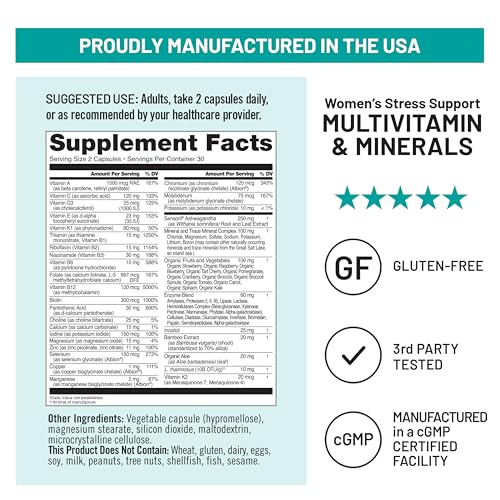 NatureWise Multivitamin for Women + Stress Support with Organic Whole Foods & Natural Minerals - B-Complex + Vitamin C + D3 K2 for Immunity, Hair, Skin & Nails - Non-GMO - 60 Capsules[30-Day Supply] NatureWise Au supplements