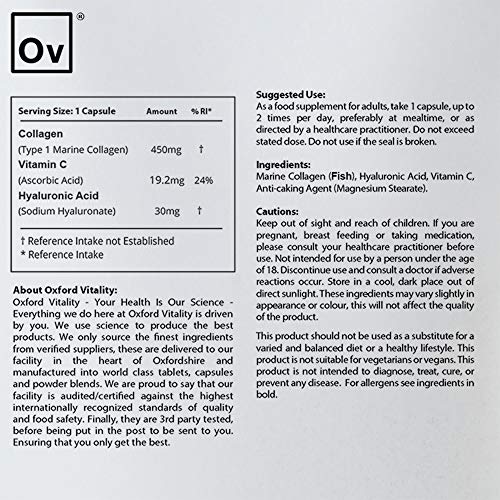 Collagen 450mg, Vitamin C 19.2mg, Hyaluronic Acid 30mg Capsules | Bones & Skin Ov OXFORD VITALITY Au supplements