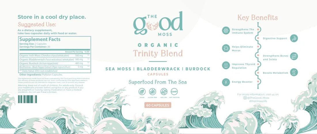 Trinity Blend Superfood -Sea Moss, Bladderwrack and Burdock Root Supplement for Overall Health Support, Hair, Skin and Nails 60ct The Good Moss Au supplements