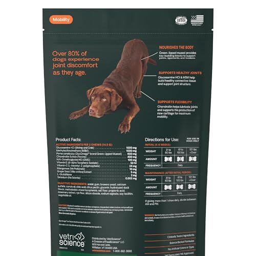 VetriScience Ultimate Strength Healthy Hip & Joint Chews, GlycoFlex Glucosamine, Chondroitin and Green-Lipped Mussel Joint Support Supplement for Dogs, Soothe Joint Discomfort, Duck, 120 Count VETRISCIENCE Au supplements