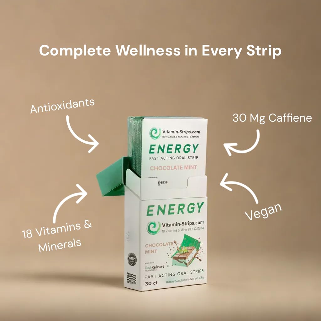 Peak Performance Energy Strips — Vegan, Gluten Free, Soy Free & Sugar-Free Breath Strips w/Caffeine, 18 Vitamins & Minerals — Instant Energy Boost Chocolate Mint Dietary Supplement — 30 Oral Strips Vitamin-Strips Au supplements