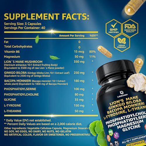 LetaGreen Organic Lions Mane Supplement Capsules - 120 Real Mushrooms Lion's Mane LetaGreen Au supplements