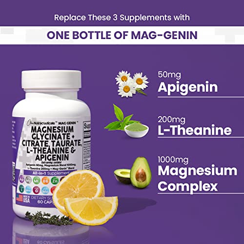 Magnesium Glycinate Complex 1000mg with L-Theanine 200mg Apigenin 50mg Citrate Taurate Supplement - 5-HTP GABA Passion Flower Lemon Balm L-Glycine Phosphatidylserine Ashwagandha - USA Made Clean Nutra Clean Nutraceuticals Au supplements
