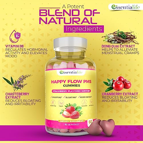 Happy Flow Strawberry-Flavor Chewable PMS Gummies | Hormone Balance Chasteberry Essentialife Au supplements
