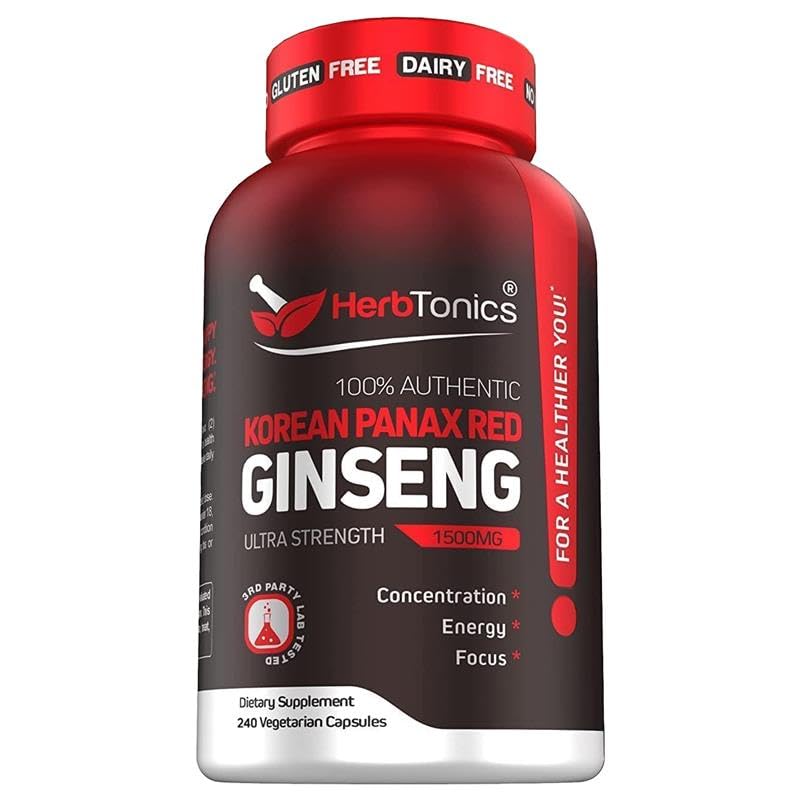 Herbtonics Korean Red Panax Ginseng 1500mg - Energy Supplement for Peak Performance, Focus & Vitality - High Potency Ginseng Root Extract - 240 Vegan Capsules Herbtonics Au supplements