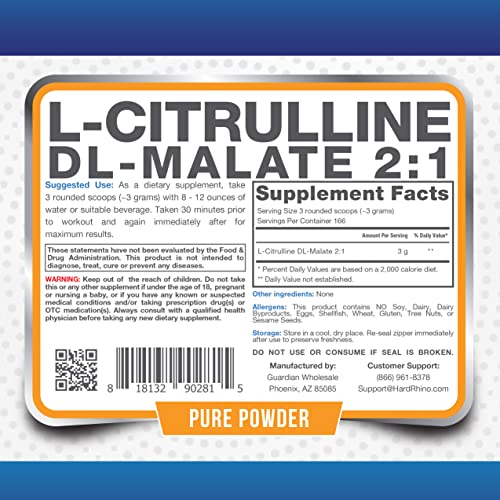 HR Supplements L-Citrulline DL-Malate 2:1 Powder, 1 Kilogram (2.2 Lbs), Unflavored Hard Rhino Au supplements