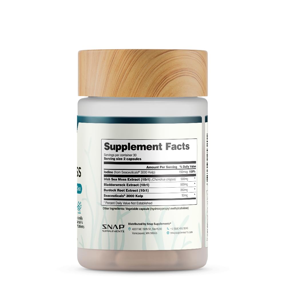 Snap Supplements Irish Sea Moss with Bladderwrack, Burdock Root & Iodine – Natural Sea Moss Supplement to Support Gut Health, Energy & Healthy-Looking Skin, 60 Vegan Capsules (1 Month Supply) Snap Supplements Au supplements